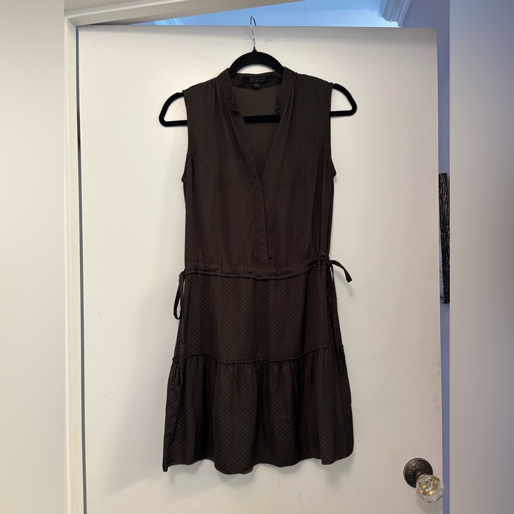 AllSaints Lin sleeveless mini dress Brown Polka dot  side drawstring ties  0